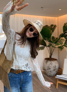 龍喜儿 白色镂空慵懒风针织衫上衣夏季女高级薄款蕾丝罩衫Z169
