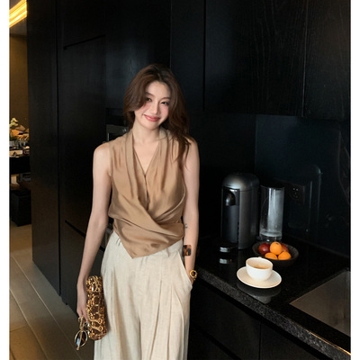 AloneSavor龙喜儿 桑蚕丝天丝背心吊带法式荡领无袖上衣女A252
