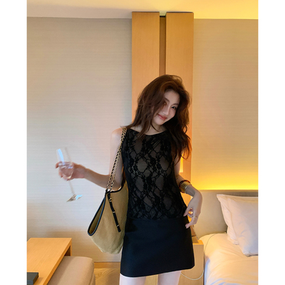 AloneSavor龙喜儿 黑色玫瑰植绒背心高级感包边女士上衣W651