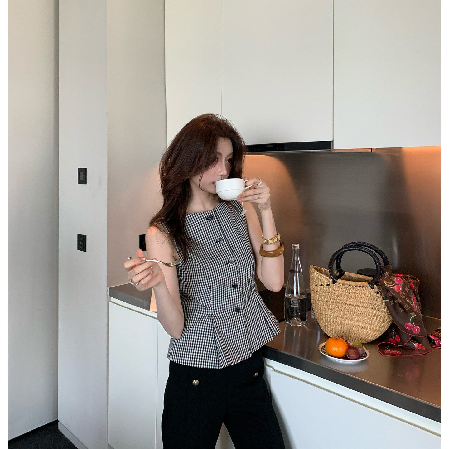 AloneSavor龙喜儿 法式格子背心马甲上衣女直筒牛仔裤两件套J407