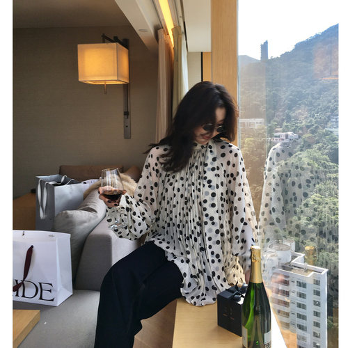 AloneSavor龙喜儿 时尚波点印花小衫捏褶飘带宽松女士上衣K007