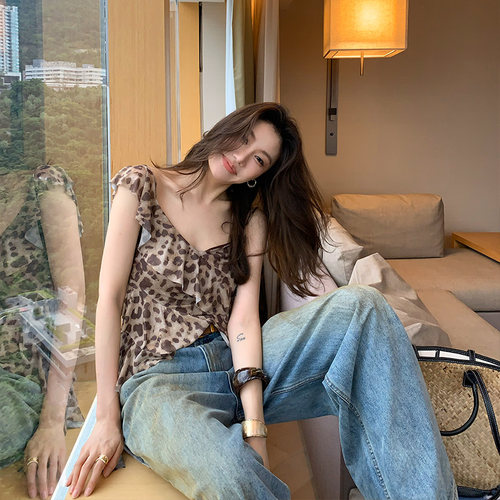 龍喜儿 复古性感豹纹无袖背心上衣早秋小众设计感荷叶边小衫Z149