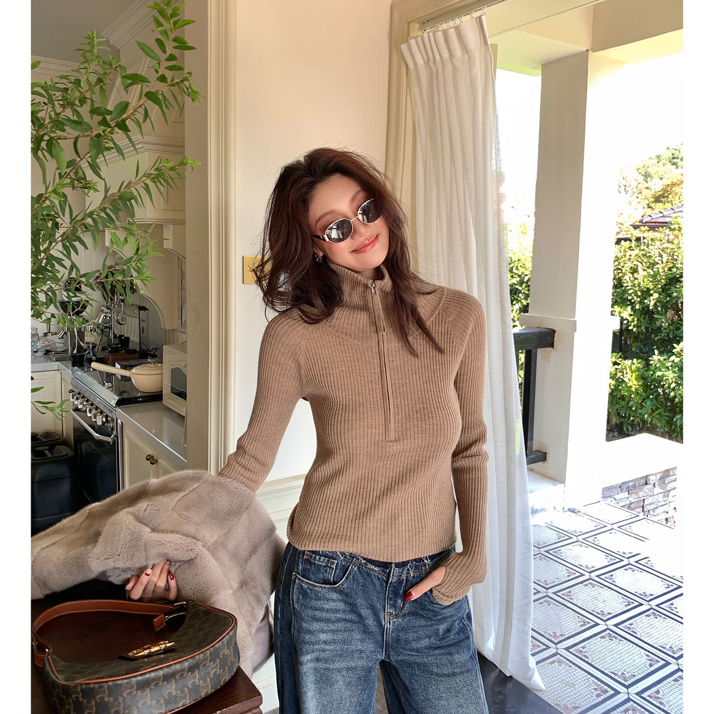 Alone Savor龙喜儿 老钱风100%德国南毛扬子纱面料拉链针织衫V844