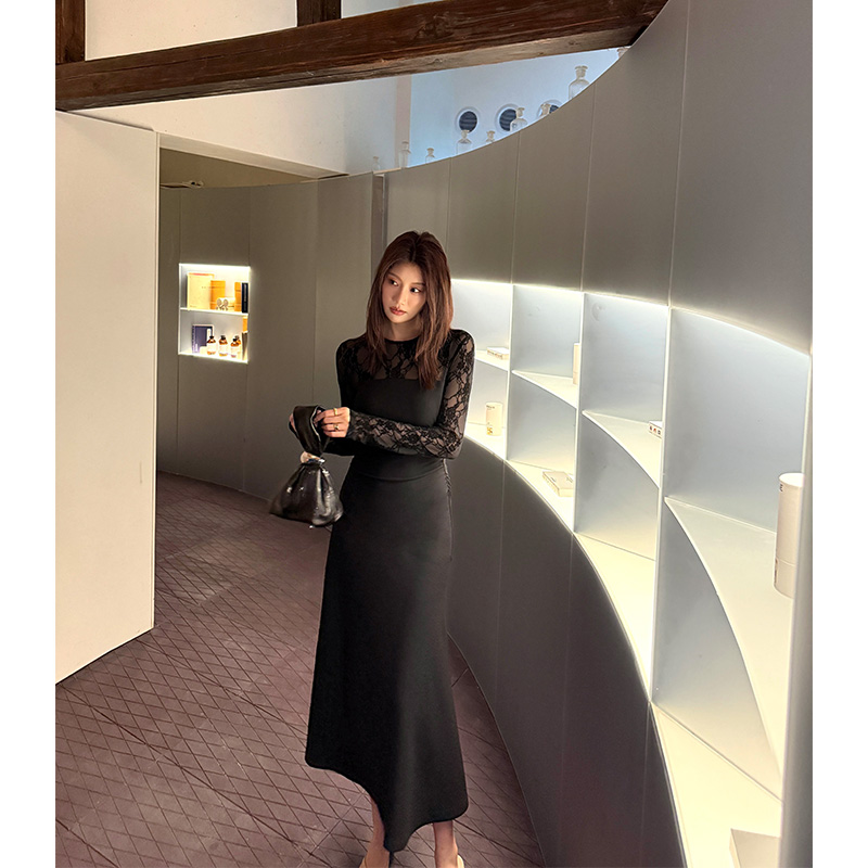 Alone Savor龙喜儿 早秋法式蕾丝网纱拼接连衣裙长袖圆领长裙T189