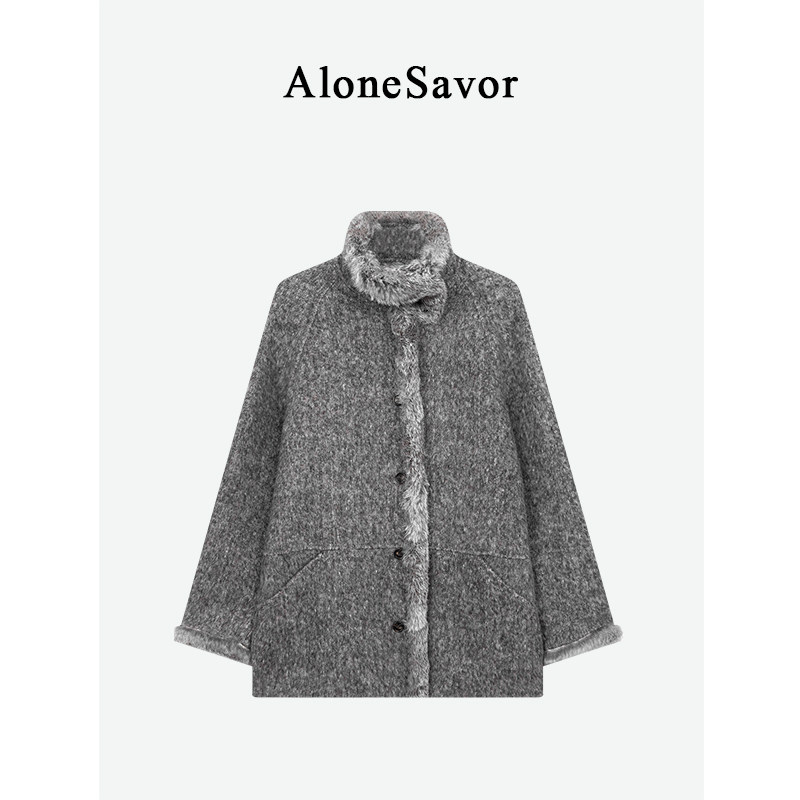 Alone Savor龙喜儿 冬季复古气质濑兔毛呢大衣立领女士外套V764