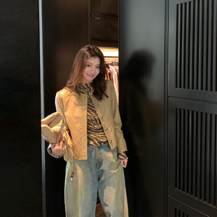 饰圆领夹克女M800 老钱风轻奢山羊皮外套方格装 Alone Savor龙喜儿