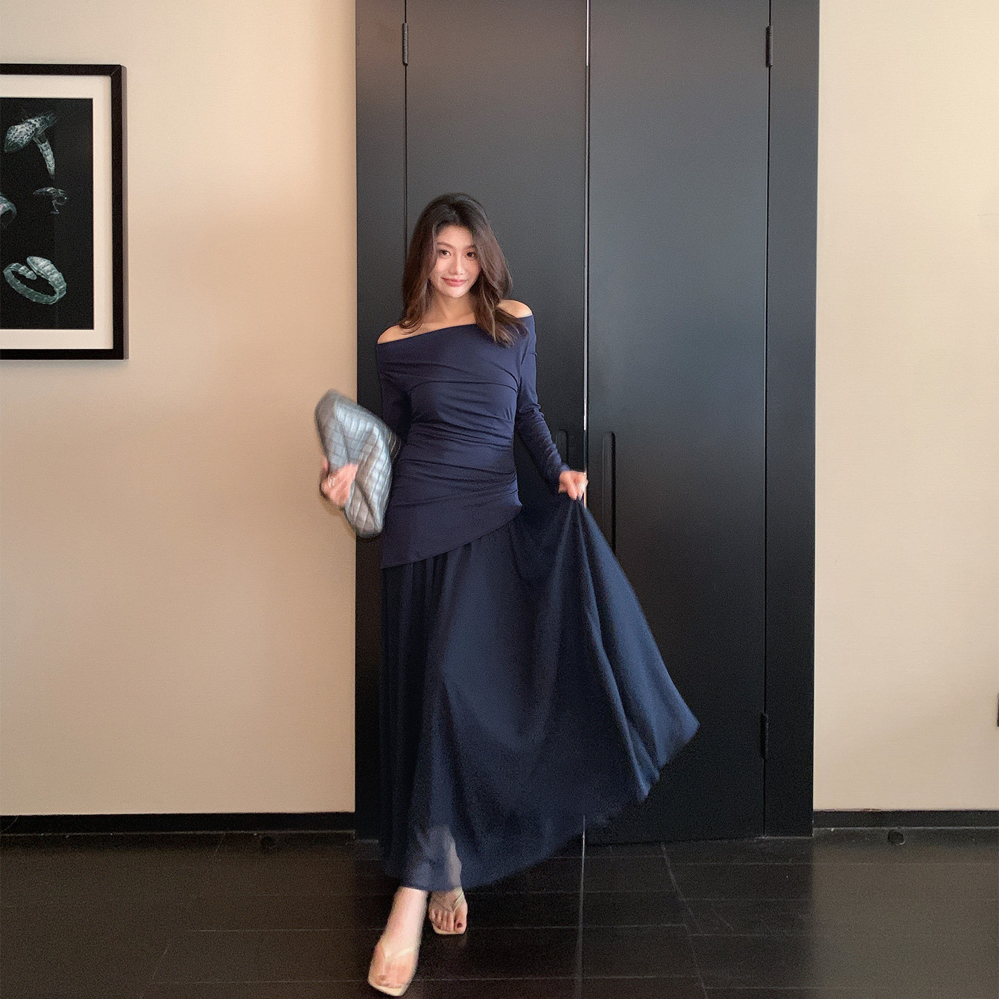 Alone Savor龙喜儿气质简约一字肩连衣长裙女修身不规则礼服J799