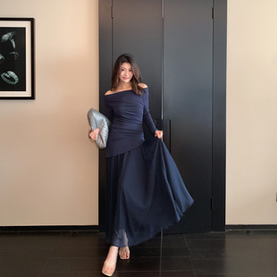 Alone Savor龙喜儿气质简约一字肩连衣长裙女修身不规则礼服J799