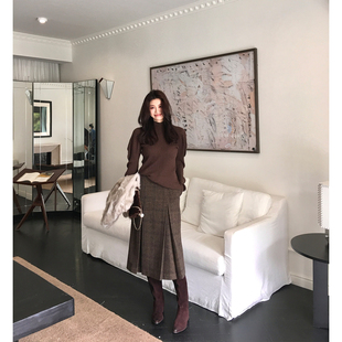 Alone 复古格纹设计羊毛半身裙高腰开叉包臀裙K999 Savor龙喜儿