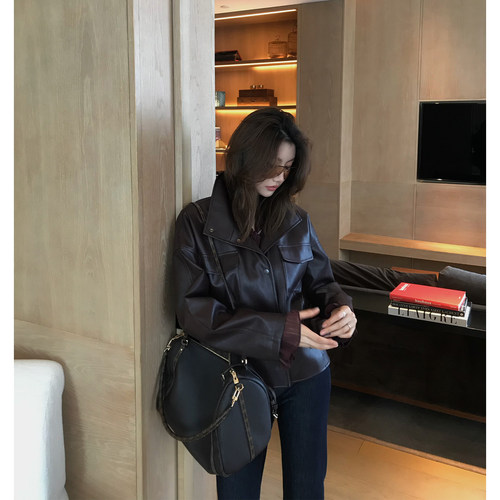 AloneSavor龍喜儿 复古立领PU皮收腰系带工装秋冬皮衣外套女R042