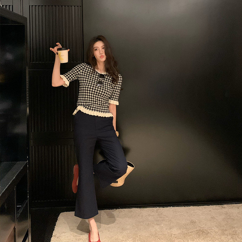 龙喜儿复古黑白格子软糯针织毛衫女春夏装新款荷叶边短袖上衣