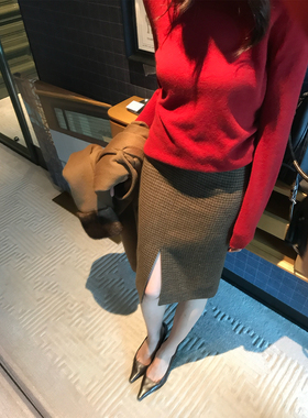 AloneSavor龙喜儿复古通勤羊毛混纺半身裙千鸟格开叉直筒裙女K993