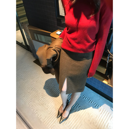 AloneSavor龙喜儿复古通勤羊毛混纺半身裙千鸟格开叉直筒裙女K993