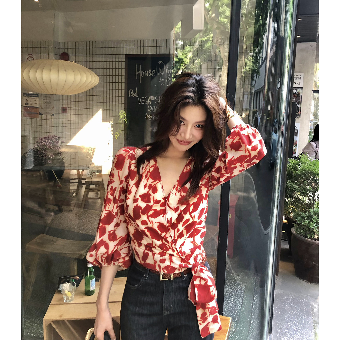 AloneSavor龙喜儿 lOO天丝印花衬衫V领收腰长袖女士上衣小衫R503