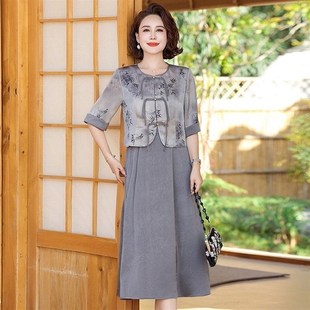 妈妈夏装中国风连衣裙套装中年女短袖外套洋气新中式两件套裙子
