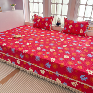 纯棉榻榻米床盖新中式炕盖大尺寸乔迁大红结婚夹棉床单带裙边定制