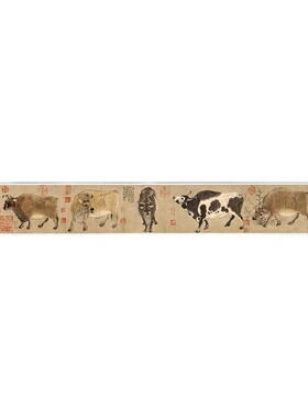 唐韩滉《五牛图》客厅书房茶室装饰画挂画横高清卷轴传世名画