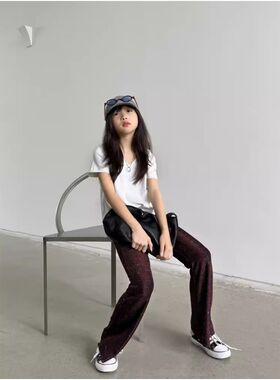 豆丁奇遇儿童黑色红色设计感亮丝松紧嗽叭长裤夏季中大童女童裤子