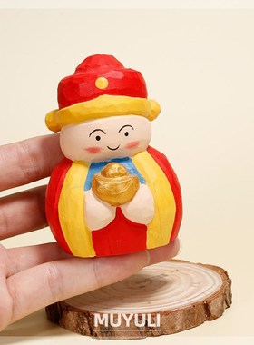 木质木头手工木雕财神发财招财汽车摆件办公室桌面装饰品生日礼物