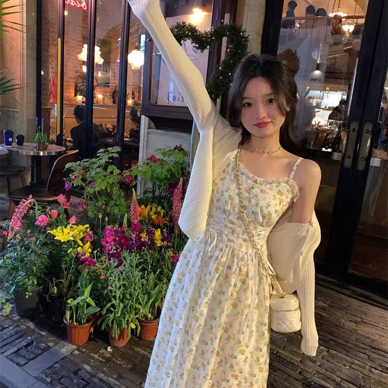 大码胖mm法式甜美碎花系带连衣裙女春夏2023新款针织开衫两件套潮
