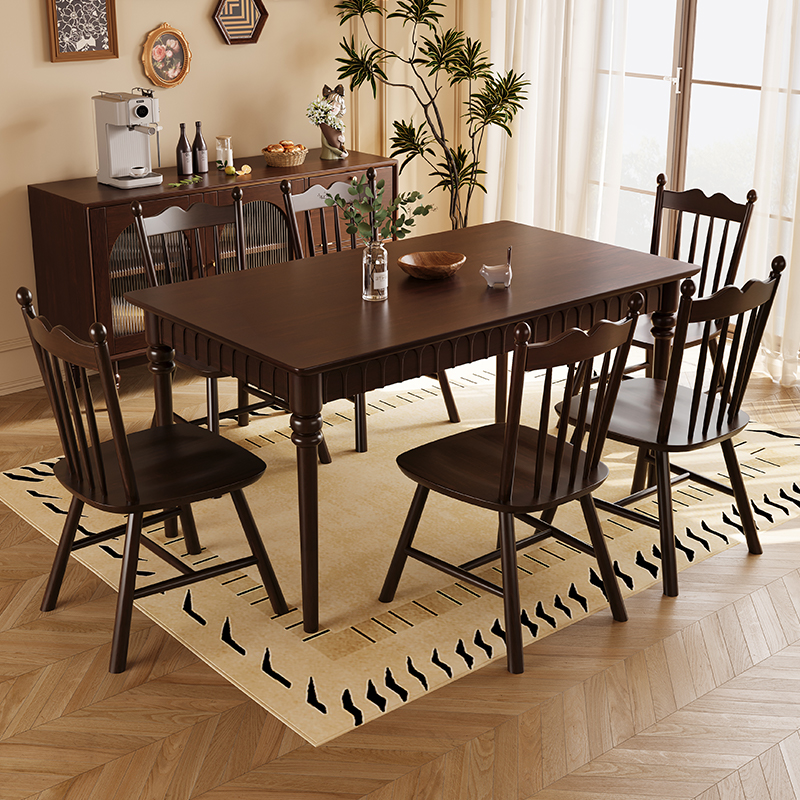 中古风实木餐桌椅组合法式小户型美式简约家用胡桃木色长方形饭桌
