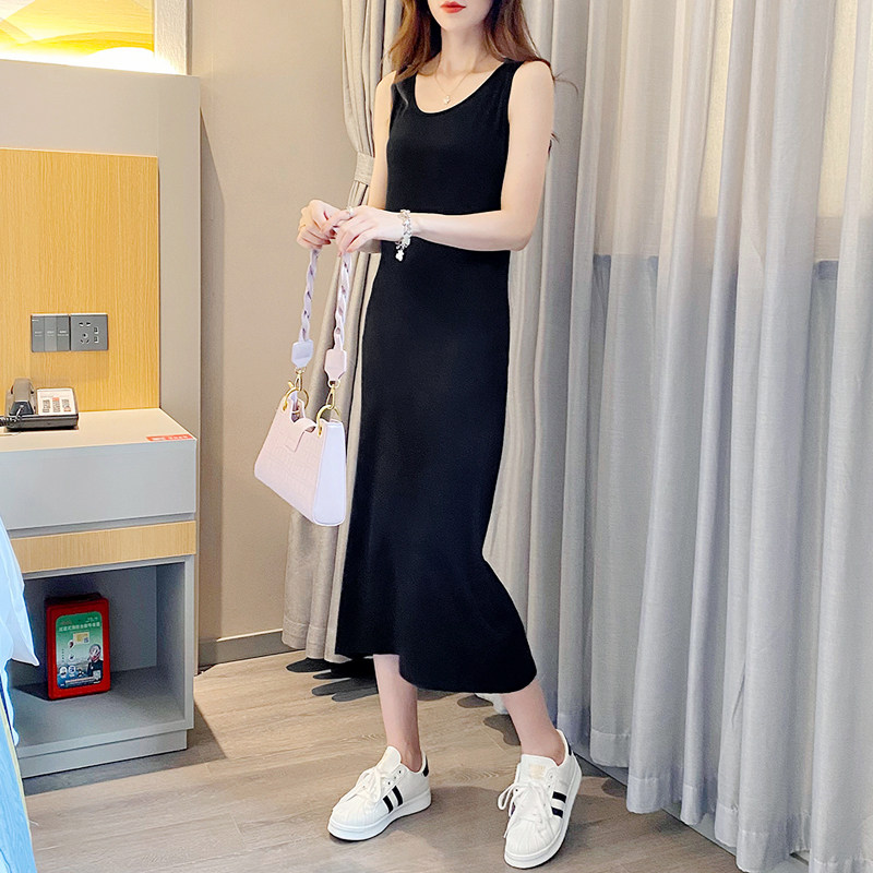 长款背心无袖连衣裙女开叉春夏季修身显瘦大码黑色打底长裙a字裙