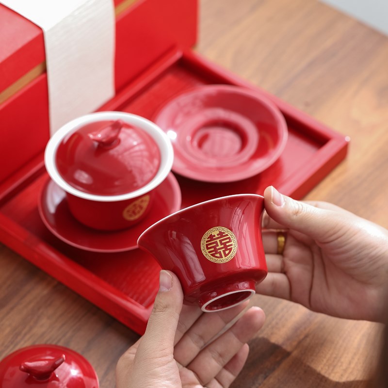 唐呈结婚庆用品改口敬茶杯套装两对新婚杯子婚礼红色茶具敬茶托盘