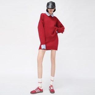 OF U新年红色假两件条纹针织衫上衣短裙两件套秋冬POLO领毛衣套装