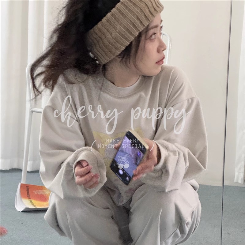 三色卫衣套装噗噗家族长袖长裤亲肤绒德绒睡衣居家服舒适女可外穿