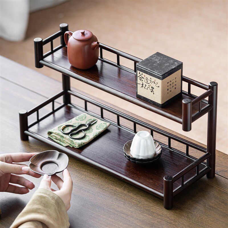 朴风竹制双层茶杯收纳架茶桌茶具置物架子复古多层茶托展示架家用