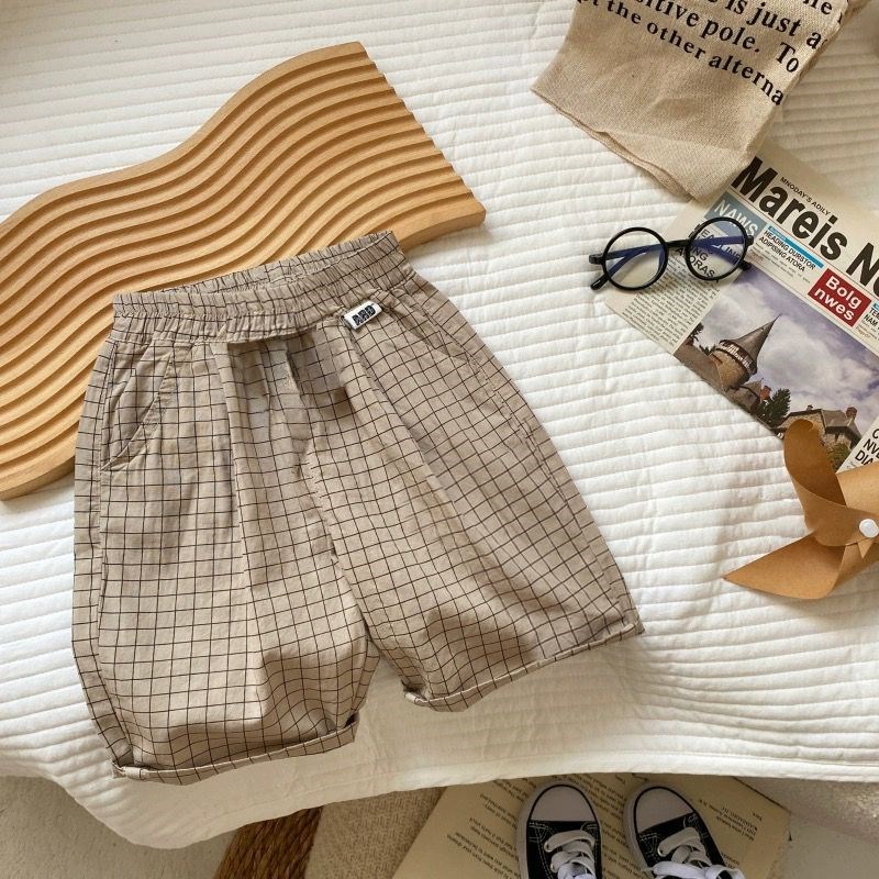 男童短袖套装夏季卡通新款中小童洋气插肩上衣宝宝格子短裤两件套