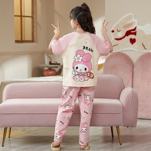 三件套女童睡衣2024新款夏季纯棉薄款短袖长裤儿童女孩套装家居服