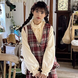 冬季加绒加厚奶黄色宫廷荷叶边立领衬衫复古灯笼袖打底衫娃娃衫