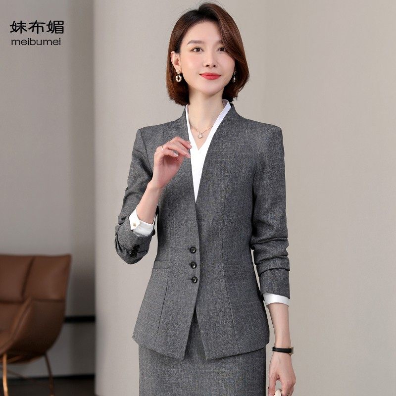 秋冬长袖小西装女外套厚职业装工作服3粒扣修身无领西服女装套装