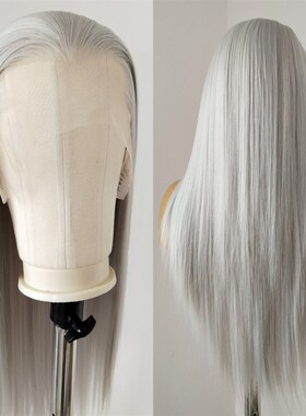 古装银灰色假发全头套长直发化纤13*4手钩蕾丝假发COS三尖古风男