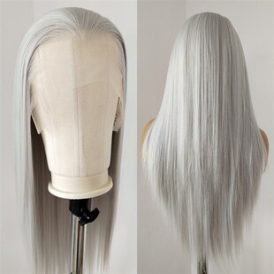 古装银灰色假发全头套长直发化纤13*4手钩蕾丝假发COS三尖古风男