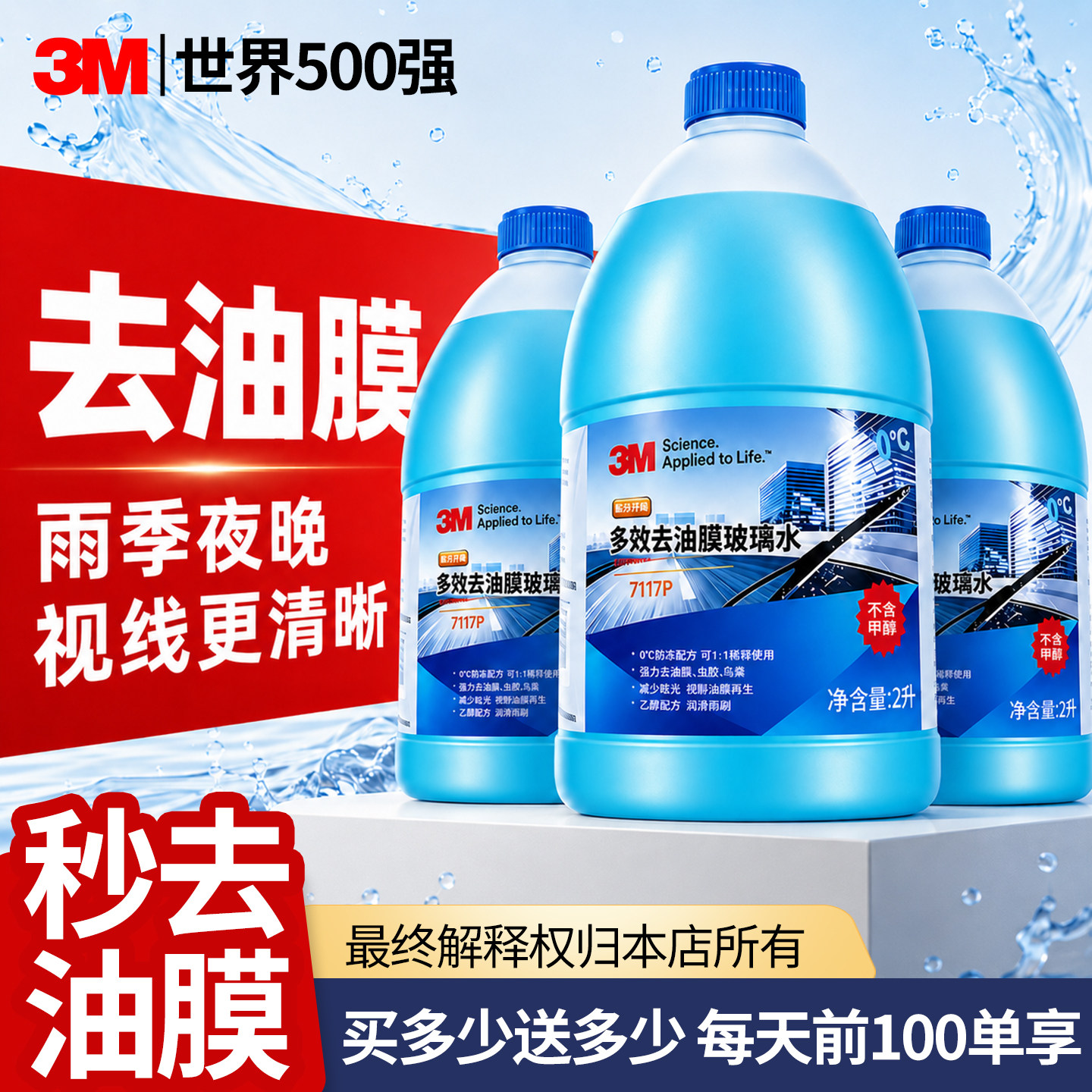 3m去油膜玻璃水汽车前挡风浓缩清洁剂雨刮水强力防眩光清晰视野