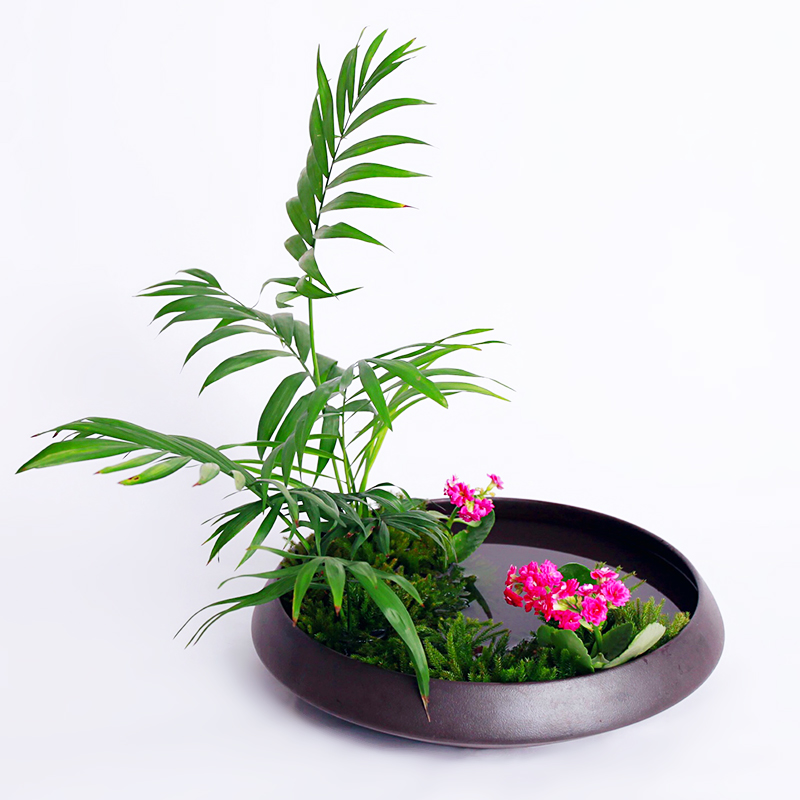 中式日式花道小原流插花器禅意剑山花艺水盘水盆磨砂黑色器皿陶瓷