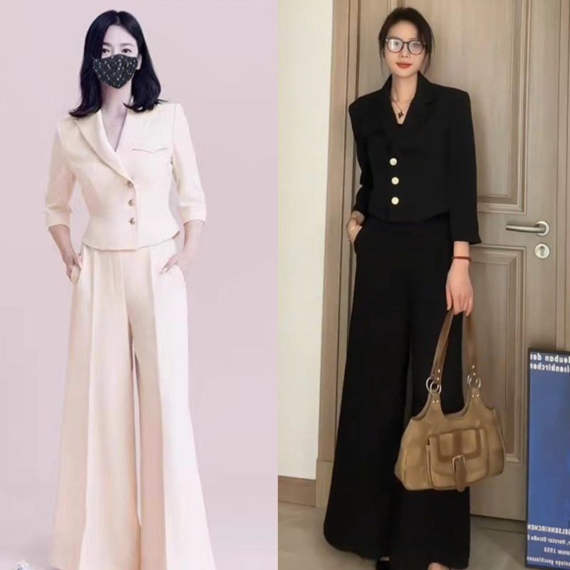 西装女职业款两件套修身时尚显瘦气质百搭浅色春夏款小西服阔腿裤,女装/女士精品,时尚套装,淘宝优惠券,粉丝福利购,淘宝优惠卷