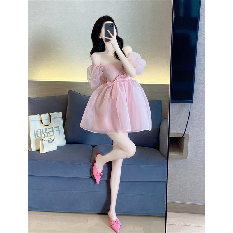粉色连衣裙女夏2024新款法式气质收腰显瘦甜美a字公主蓬蓬裙纱网