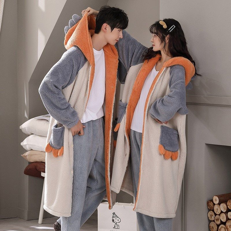 秋冬季加厚珊瑚绒情侣睡衣可爱女睡袍加绒保暖男士家居服外穿套装