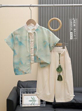 儿童装男童夏季汉服套装2024款12古风夏装15岁唐装男孩中国风服装