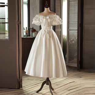 法式高级感小个子缎面轻婚纱新娘敬酒服在逃公主生日港风礼服白色