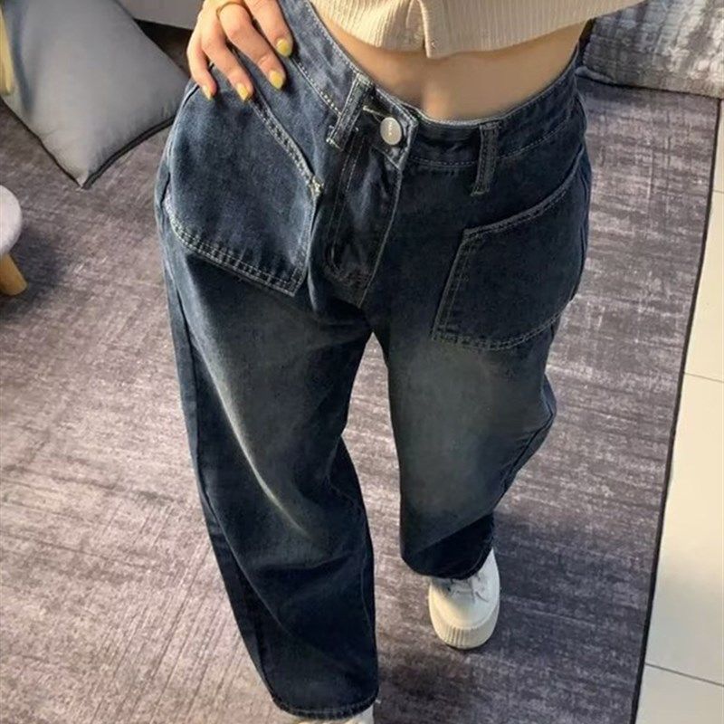 梨形身材裤子女胖妹妹大码高腰宽松阔腿裤复古直筒加绒牛仔裤秋冬