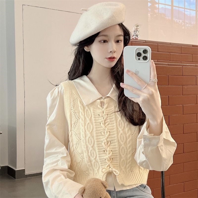 复古麻花毛衣马甲衬衫两件套女秋冬季外搭叠穿针织小背心短款上衣
