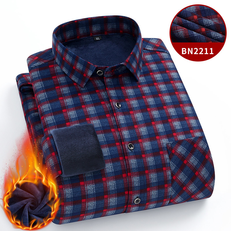 冬季保暖内衣男长袖衬衫加绒加厚休闲格子中青年爸爸装加大码衬衣