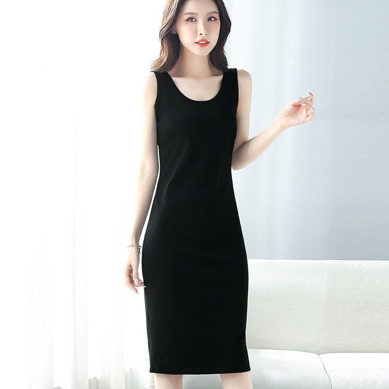 黑色无袖内搭打底连衣裙大码胖mm螺纹吊带背心长裙女春季外穿裙子