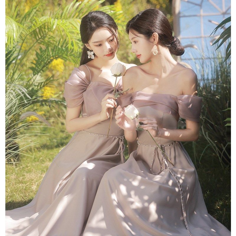 粉色伴娘服2024新款平时可穿高级感小众婚礼姐妹团晚礼服裙女显瘦