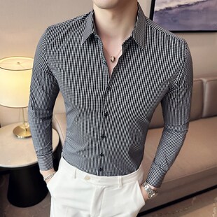 黑白小格子男士j衬衫长袖春夏季薄款高级感商务高端冰丝修身衬衣