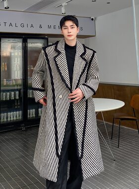 冬季加厚编织斜纹毛呢大衣男小众解F构拼接设计感复古长版过膝外